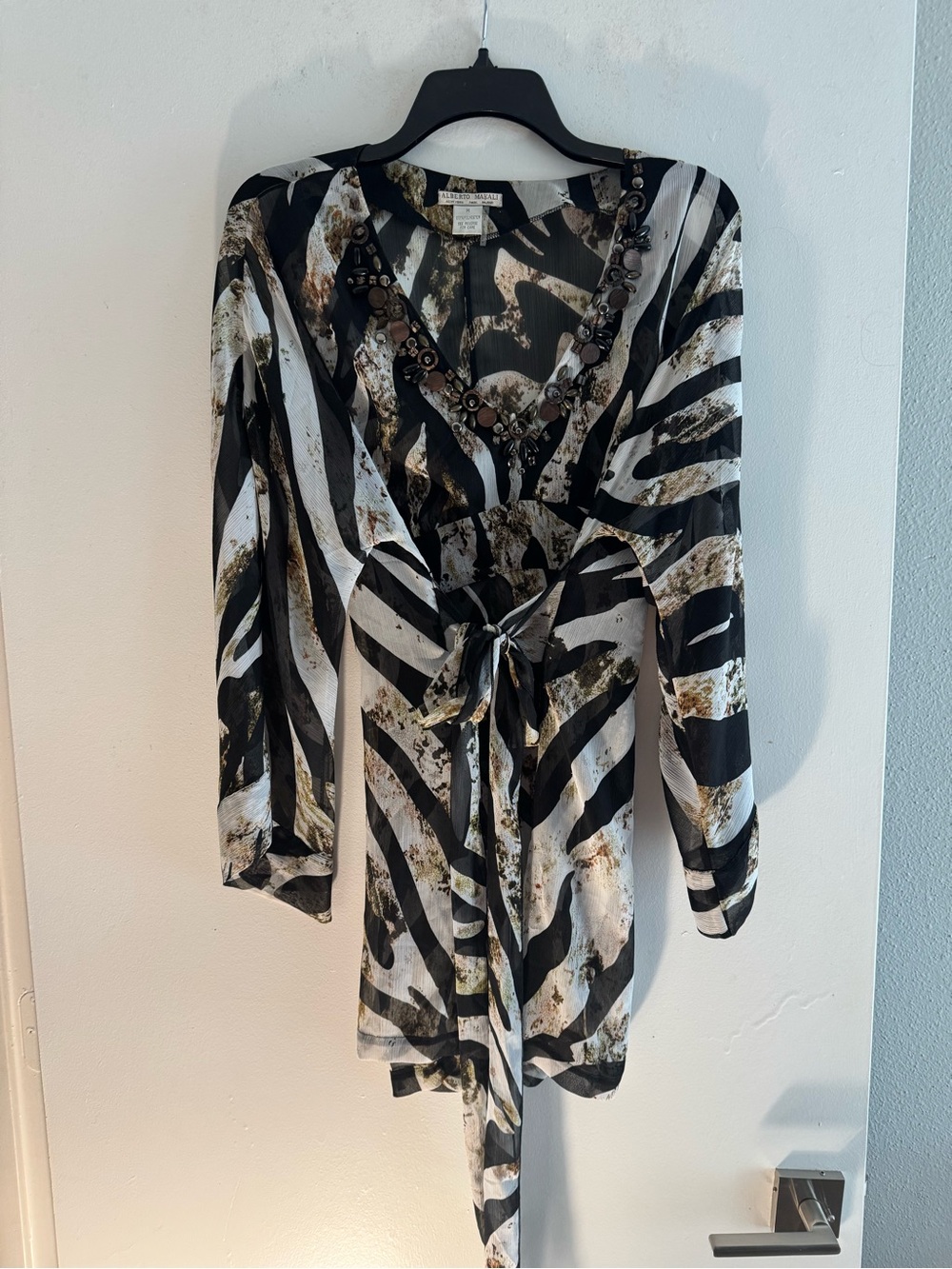 Alberto Makali Y2K Sheer Black, White & Brown Zebra-Print Tie-Front Tunic Size M